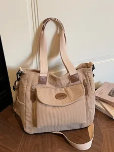 Women Corduroy Tote Bag Large Capacity Casual Shoulder Handbag Commuting Solid Color Shopper Bag With Zipper