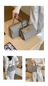 Sac à main gris tendance pour femme, élégant sac bandoulière avec quincaillerie dorée.