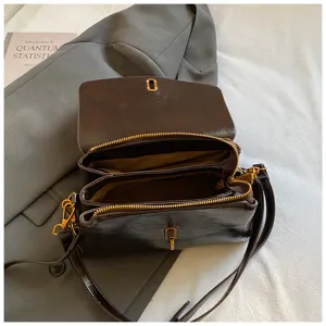 Women dark brown crossbody shoulder bag retro PU leather daily commute square handbag
