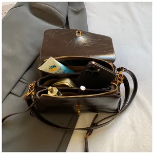Women vintage brown PU leather crossbody bag, multi-compartment small square shoulder bag.