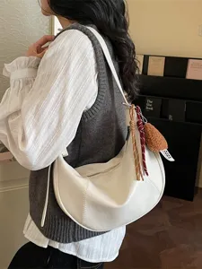 Stylish minimalist white crescent shoulder bag for women, trendy hobo casual crossbody bag.