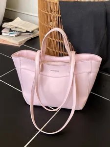 Women Large Capacity Tote Bag Casual PU Leather Shoulder Bag Fashion Commuter Handbag Solid Color Zipper Closure