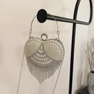 Heart-Shaped Evening Bag Rhinestone Pearl Clutch Purse Metallic Ring Handle Crossbody Handbag For Women Banquet Party