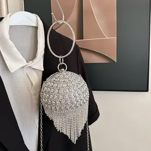 Sac de Soirée Boule en Strass de Luxe Pochette en Cristal Scintillant pour Femmes Avec Gland Poignée en Métal Ronde et Bandoulière Chaîne