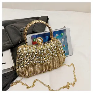 Luxury rhinestone evening clutch bag with chain strap and pearl clasp for women parties
