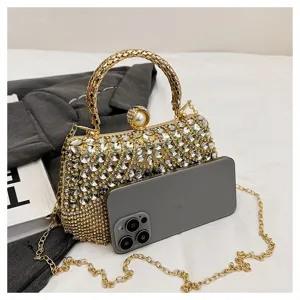 Rhinestone evening clutch bag for women, luxury crystal shoulder bag with pearl clasp.