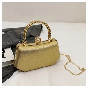 Elegant gold evening clutch bag with pearl rhinestone clasp and metal handle for women parties.
