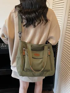 Casual corduroy tote shoulder bag for women, large capacity commuting handbag back view.