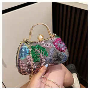 Vintage sequined evening bag with metal handle and chain strap for women banquet party