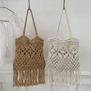 Bolso tote tejido en macramé artesanal bolso de hombro casual con flecos playa verano