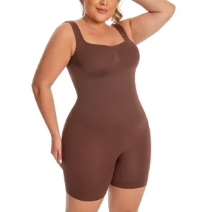 Women brown square neck wide strap tummy control slimming shaping bodysuit activewear apparel.