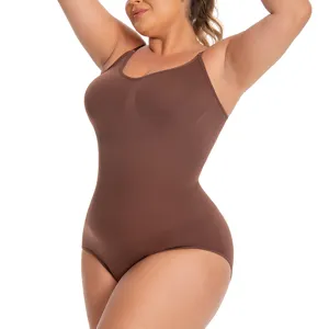 Plus size brown body shaper bodysuit for women tummy control and butt lifting shapewear.