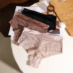 Women's mid-waist satin lace panties, sexy hollow-out seamless breathable briefs for daily wear.