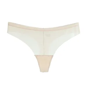 Detail view of seamless nude thong underwear, breathable mesh fabric, smooth comfortable fit.