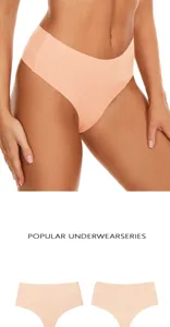 Detailed view of seamless women thong in solid peach color, showing soft fabric and fit.