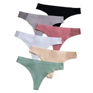 Women Seamless Ribbed Thong Solid Color Breathable Comfortable T-Back Underwear