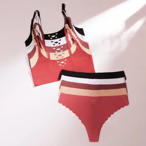 Women seamless thong and bralette set, hollow out low waist fitness ice silk underwear.