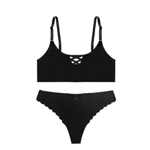 Black seamless lace-up lingerie set women low waist thong and bralette underwear.