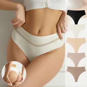 Perizoma Donna Senza Cuciture in Seta di Ghiaccio Vita Media Patchwork in Rete a V T-Back Mutandine per Yoga Sport Intimo Invisibile Traspirante