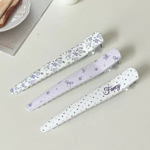 Taro purple duckbill hair clips set, sweet floral and dot hairpins for cute daily styling.