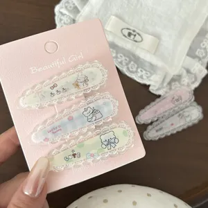 Cute lace edge hair clips detail, sweet bunny and bear design kawaii duckbill side clips.