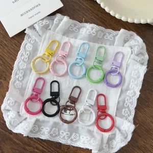 Vista dettagliata di portachiavi a molla colorati, moschettoni rotondi per artigianato DIY.
