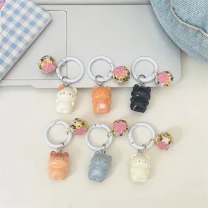 Cute standing cat keychain with cherry blossom bell charm soft resin pendant set for daily bags.