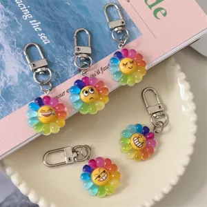 Cartoon Seven Color Flower Resin Keychain Funny Expression Backpack Pendant Cute Bag Charm