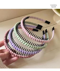 sweet pleated satin headband with inner teeth, anti-slip hair hoop for daily styling.