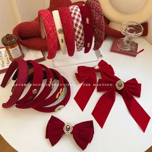 Red velvet bow hair clips and headbands set, elegant hair accessories for women and girls.