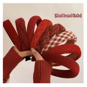 Red fabric headband set featuring velvet, tweed, and knit styles for daily chic styling.