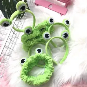Set de diadema y cinta para el pelo de rana verde de felpa, accesorios suaves de maquillaje.