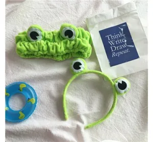 Lindo juego de diadema y aro de pelo de felpa de rana verde, accesorios suaves para lavado diario.