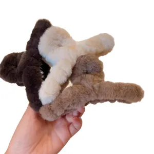 Oversized plush hair claw clip, 13cm fluffy winter shark clip, elegant brown headwear for women.