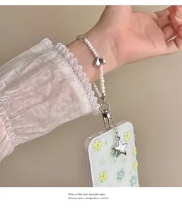 Korean ins style sweet girl pearl silver heart charm phone strap wrist lanyard accessory.