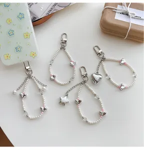 Korean style ins sweet pearl silver heart star pendant phone charm key chain accessories