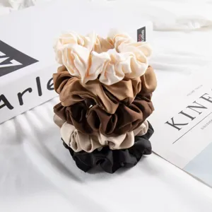 Set of 5 satin hair scrunchies in assorted neutral colors, high elastic pony tail holder ropes.