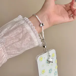Korean style sweet pearl phone charm wrist strap with silver heart pendant for cute phone case