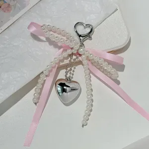 Pearl Bow Keychain Silver Heart Bag Charm Cute Phone Case Pendant Aesthetic Accessory