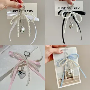 Artificial Pearl Bow Pendant Bag Charm Metal Heart Keychain Cute Phone Case Hanging Ornament Fashion Jewelry Gift
