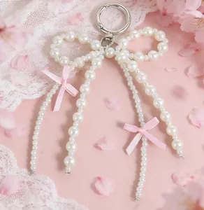 Pearl bow keychain cute bag charm elegant pink accessory aesthetic keyring pendant lovely gift