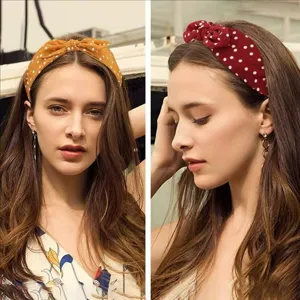 Retro polka dot bow headband for women, wide brim hair hoop, elegant fashion accessory.