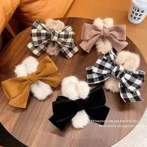 Cute plush koala bow hair claw clips set, soft furry hair accessories for women and girls daily use.