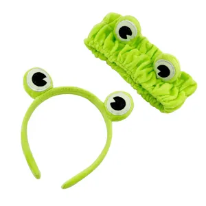 Set de diadema y cinta para el cabello de rana verde de felpa para lavado de cara y maquillaje.