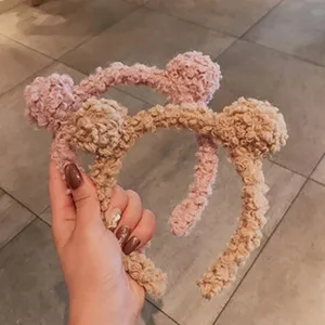 Plush bear ear headband fuzzy hair hoop cute winter hair accessories for women pink and brown