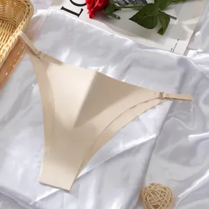 Femme taille basse string soie glacée sans coutures slip nude sexy détail anneau métal