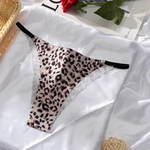 Femme taille basse sexy string imprimé léopard soie glacée slip sans couture anneaux métal