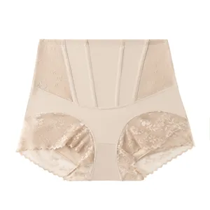 High-waisted tummy control shaping panties, nude seamless lace briefs for women shaping