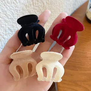 Velvet small hair claw clips set, four colors black red khaki beige for stylish ponytail.