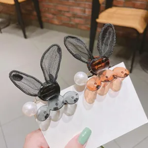 Fermagli capelli orecchie di coniglio con perla, mini mollette in resina nera e marrone per donna.
